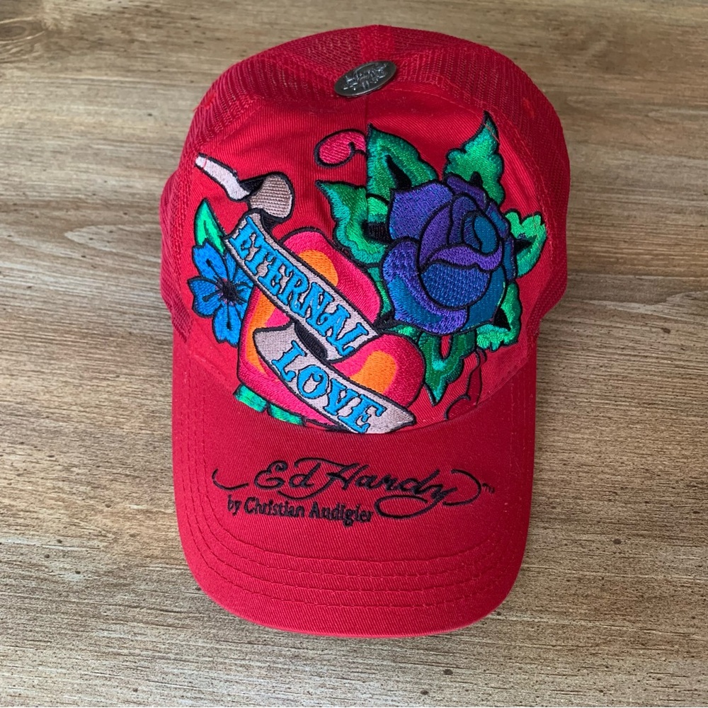 Ed Hardy Red 'Eternal Love' Embroidered Baseball Cap